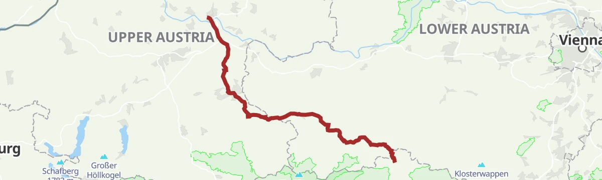 Route map: OÖ Mariazellerweg: A: Klassischer OÖ Mariazellerweg über Steyr und Waidhofen an der Ybbs